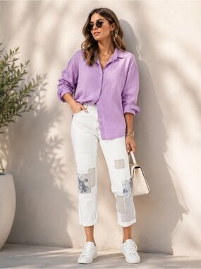 Logo Boyfriend Jeans Alabaster White Size 16p Patchwork Embroidery